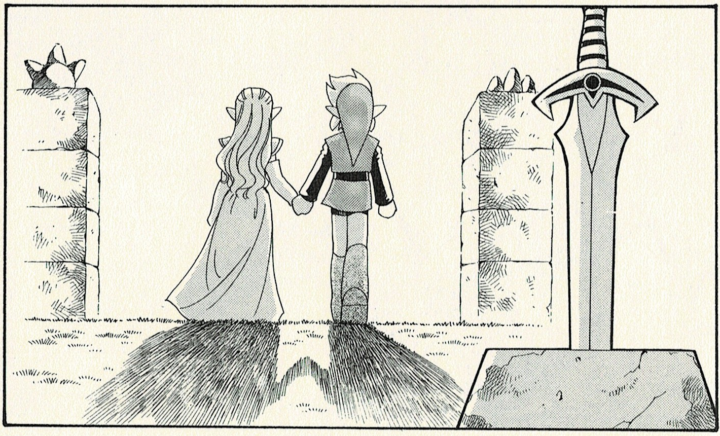 Zelda and Link walking away from the Four Swords, hand-in-hand